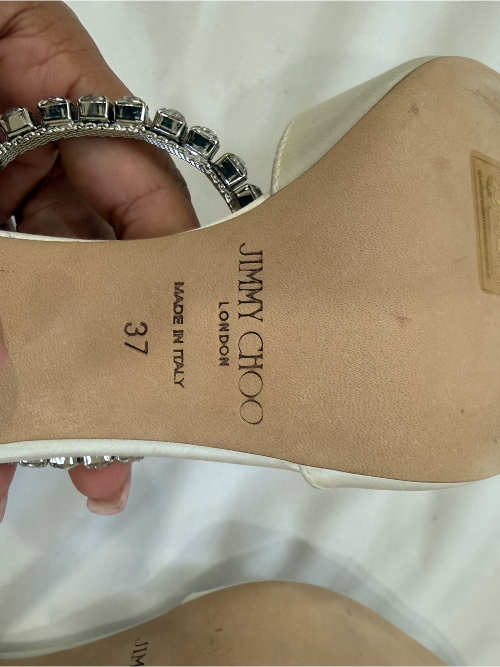 Jimmy Choo Saeda 100 Ivory Satin Crystal Ankle-Strap Sandals - Picture 9 of 10
